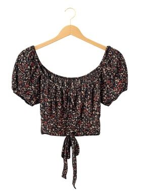 Women’s Floral Puff Sleeve Tie Back Crop Top Cottagecore Boho Garden Size L